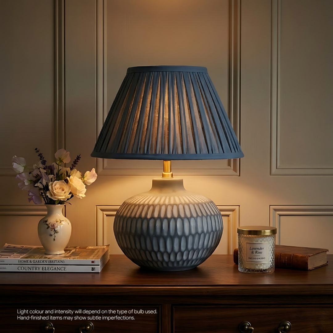 AARTIN York Ceramic Table Lamp With Blue Silk Gathered Lampshade