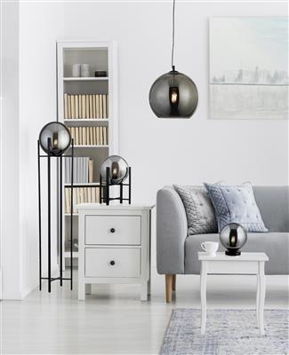 Kenton 1Lt Small Table Lamp Matt Black w/ Smokey Round Glass Shade - Comet Lighting