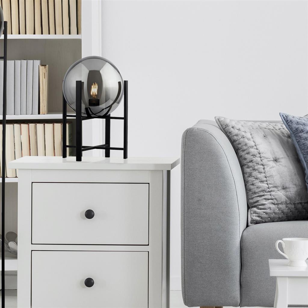 Kenton 1Lt Small Table Lamp Matt Black w/ Smokey Round Glass Shade - Comet Lighting