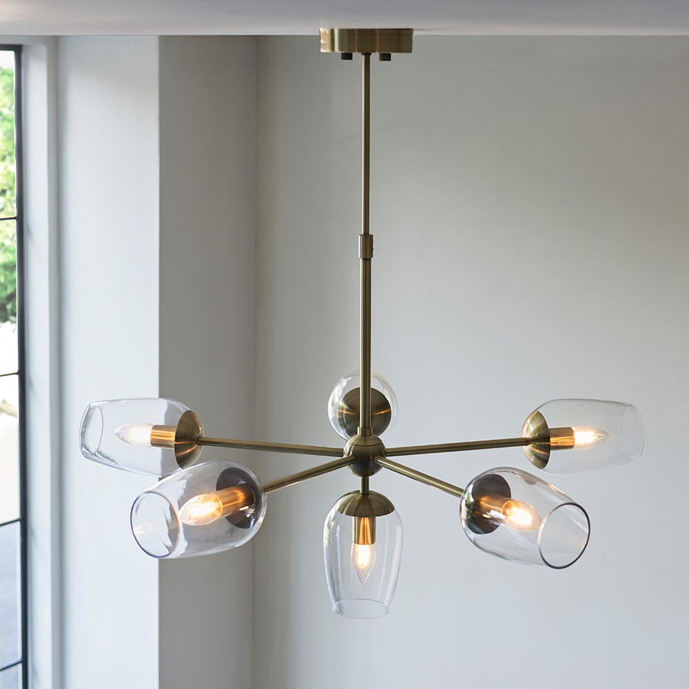 Maeve 6lt Pendant Antique brass plate & clear glass
