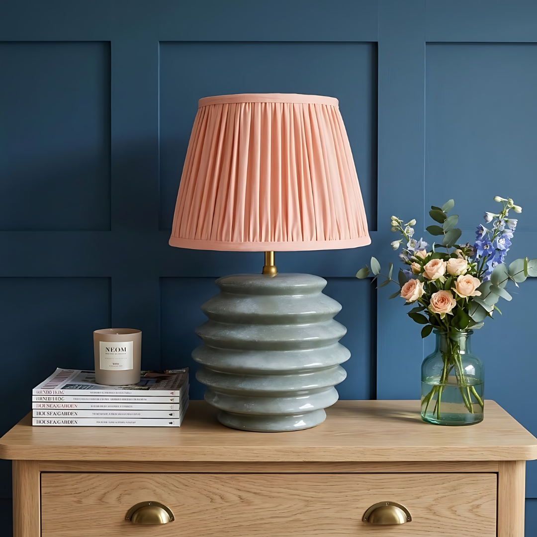 AARTIN Jasper Ceramic Table Lamp With Light Pink Silk Gathered Lampshade