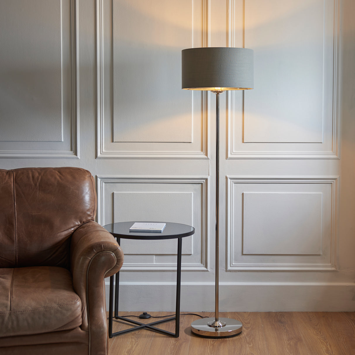 Highclere Single Floor Lamp - Bright Nickel - Comet Lighting
