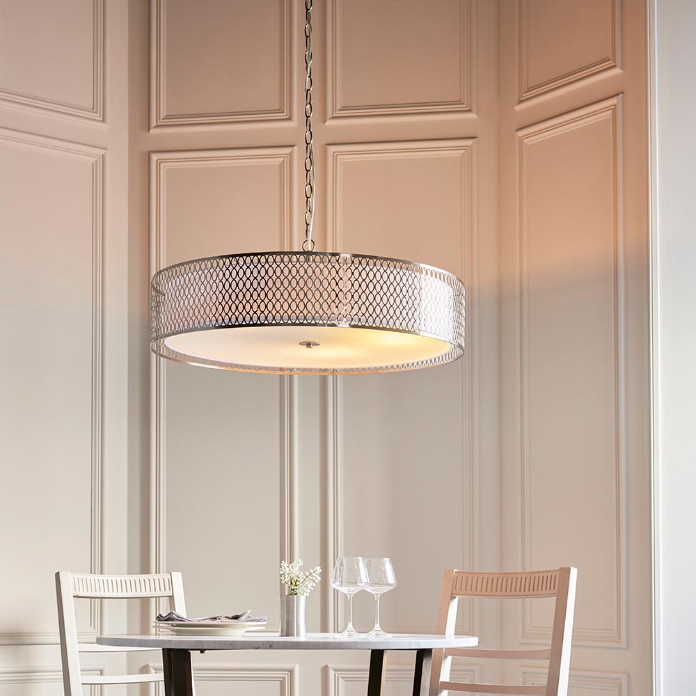 Cordero 5lt Grand Pendant Satin nickel plate, white fabric & frosted glass