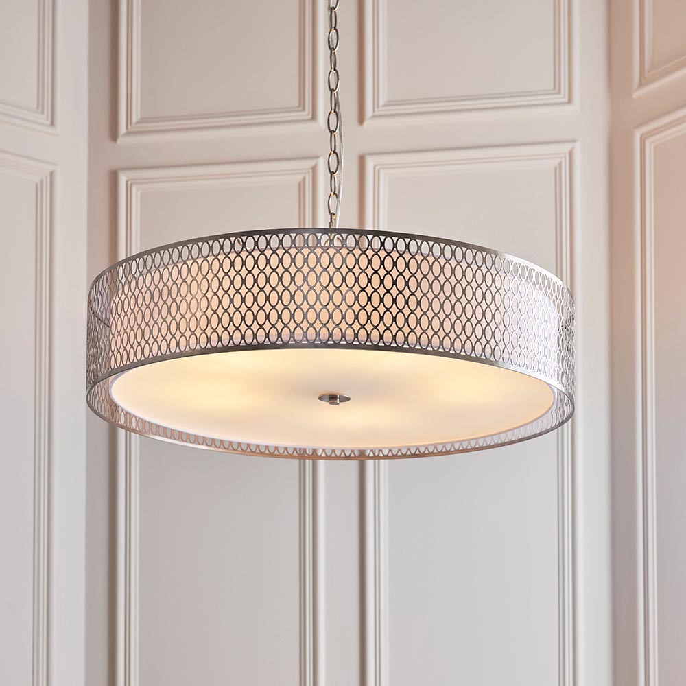 Cordero 5lt Grand Pendant Satin nickel plate, white fabric & frosted glass