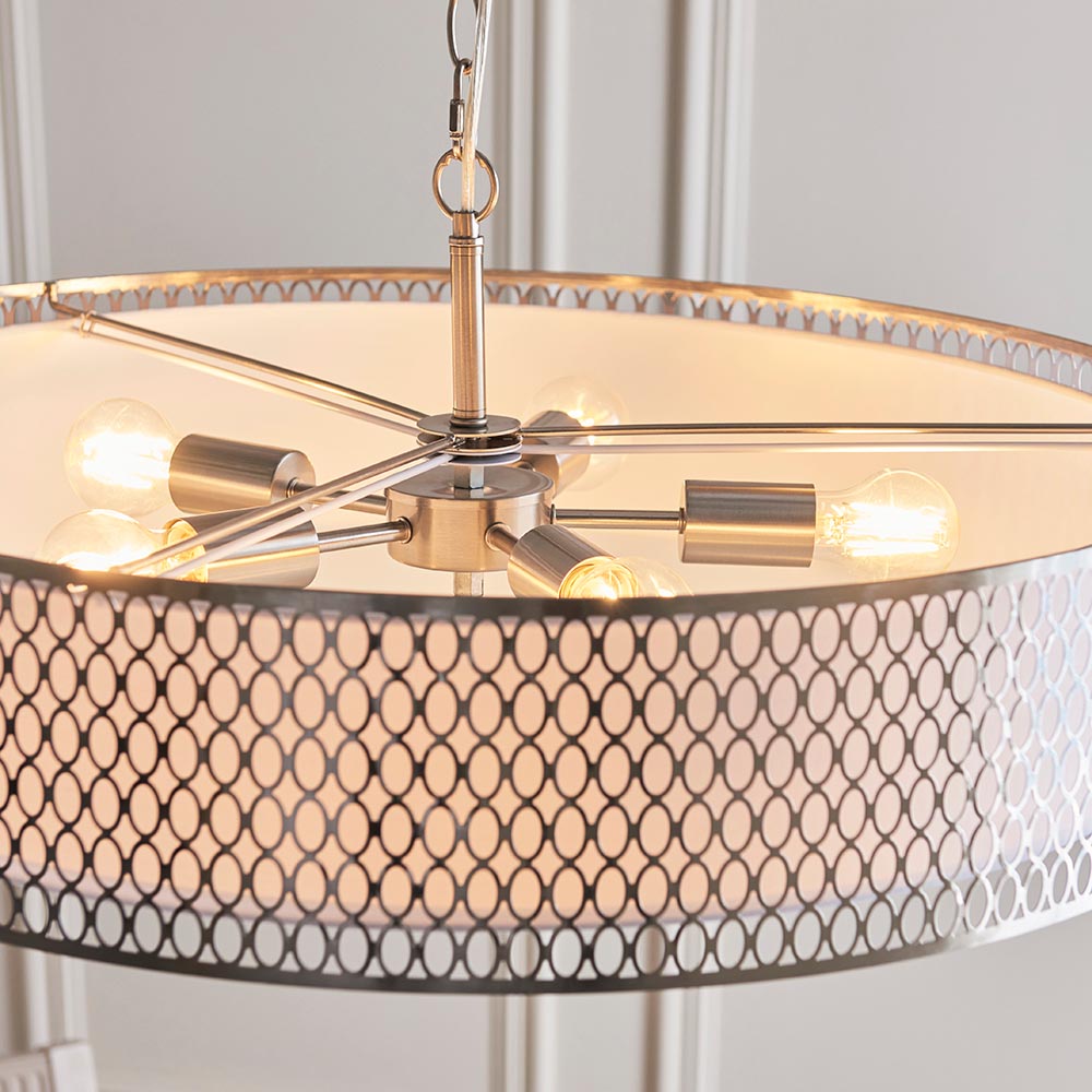 Cordero 5lt Grand Pendant Satin nickel plate, white fabric & frosted glass