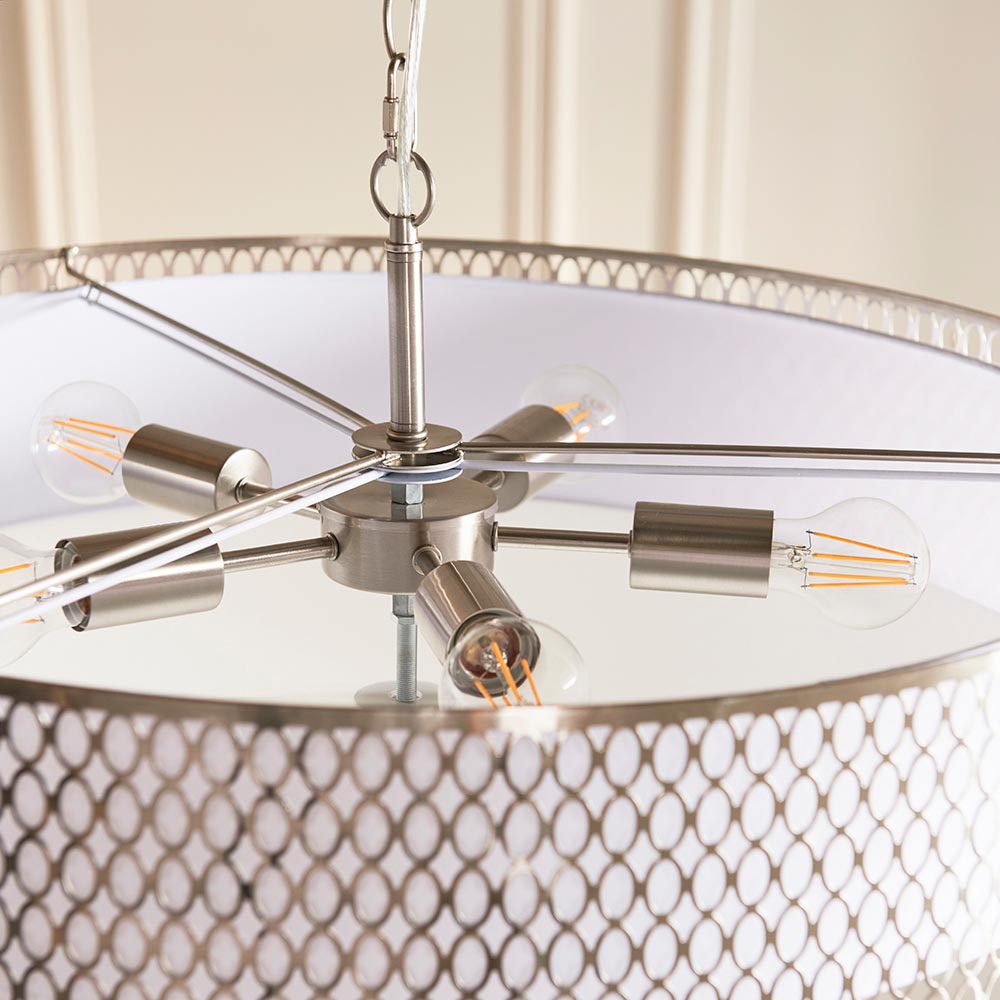 Cordero 5lt Grand Pendant Satin nickel plate, white fabric & frosted glass