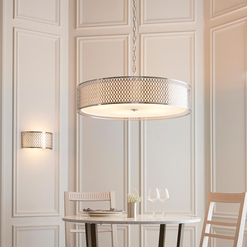 Cordero 5lt Grand Pendant Satin nickel plate, white fabric & frosted glass