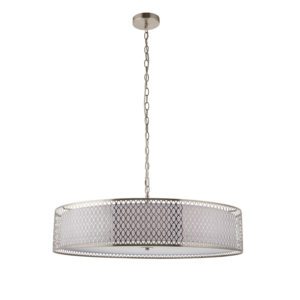 Cordero 5lt Grand Pendant Satin nickel plate, white fabric & frosted glass