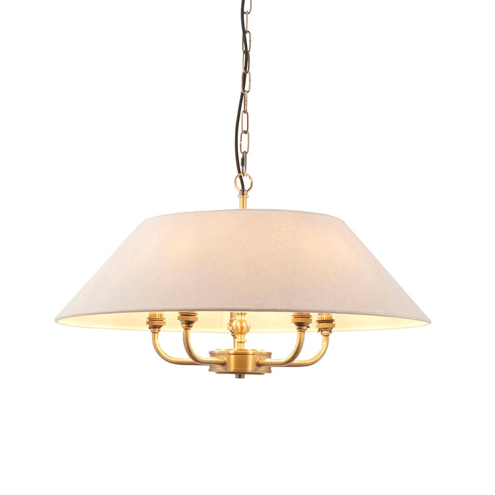 Lille 5lt Pendant Antique brass plate & natural faux linen