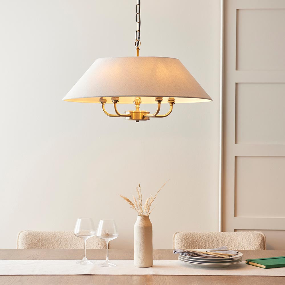 Lille 5lt Pendant Antique brass plate & natural faux linen