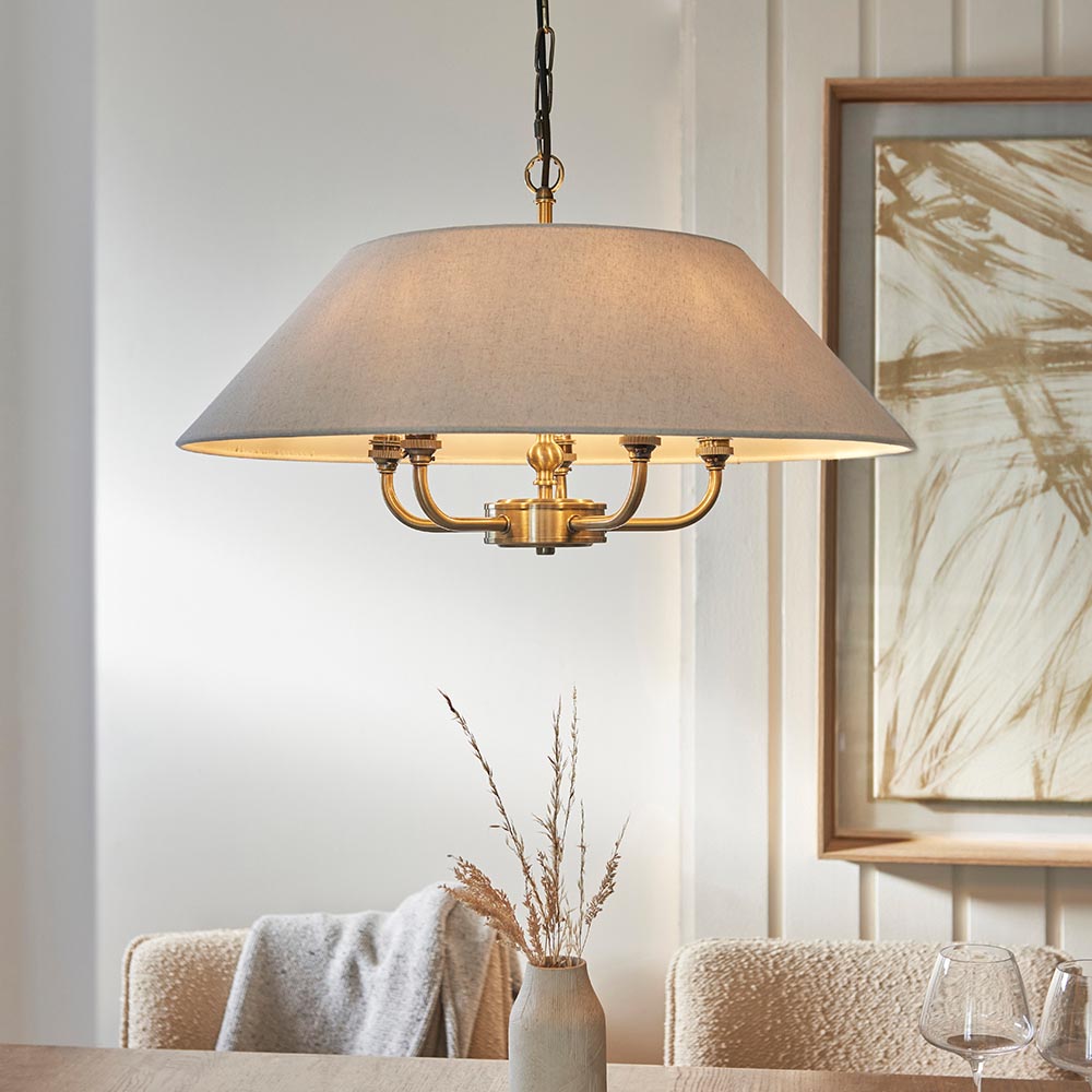 Lille 5lt Pendant Antique brass plate & natural faux linen
