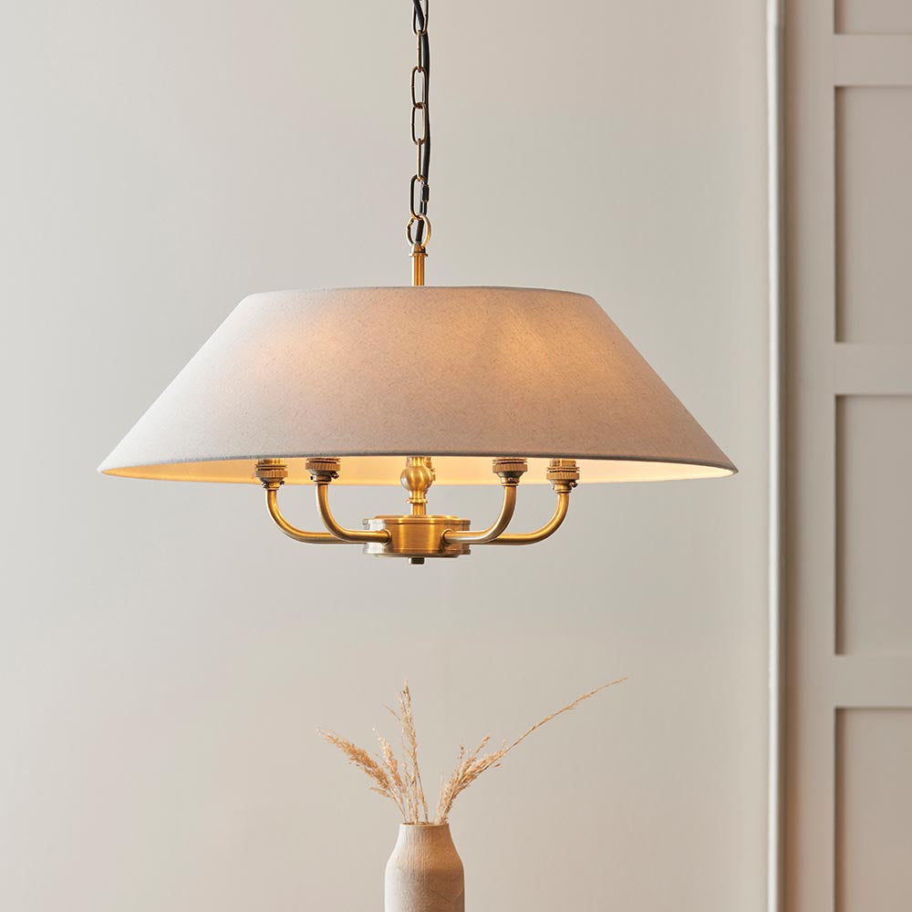 Lille 5lt Pendant Antique brass plate & natural faux linen