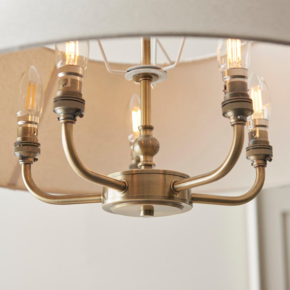 Lille 5lt Pendant Antique brass plate & natural faux linen