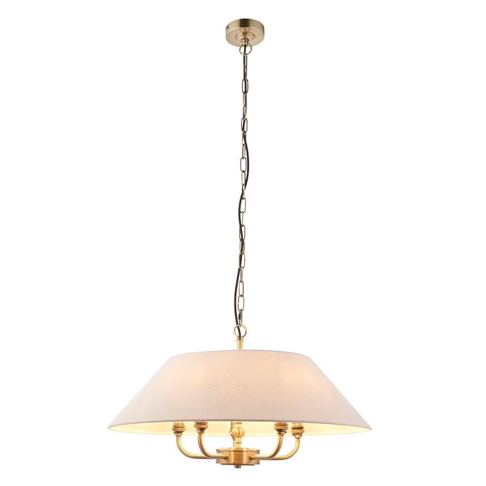 Lille 5lt Pendant Antique brass plate & natural faux linen