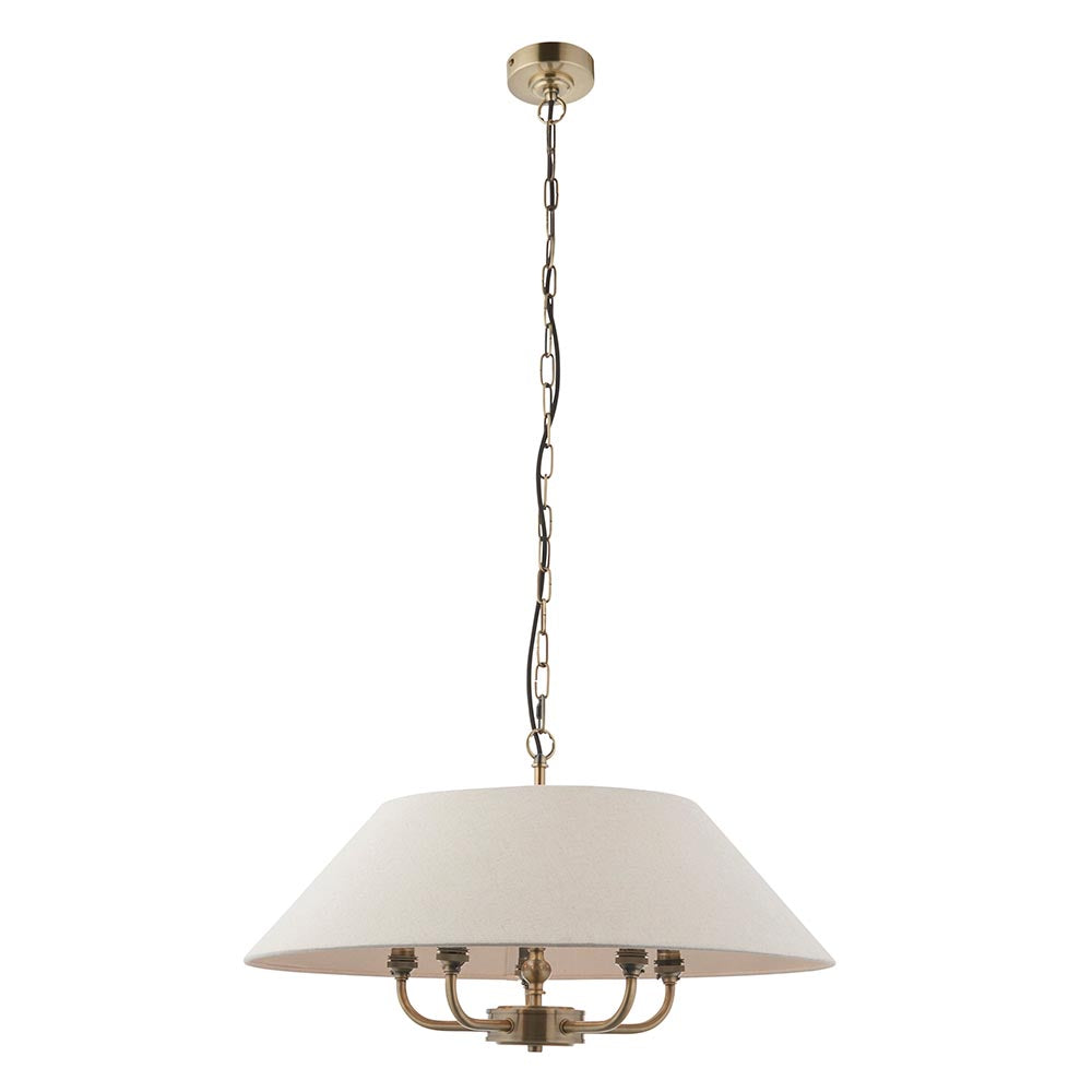 Lille 5lt Pendant Antique brass plate & natural faux linen