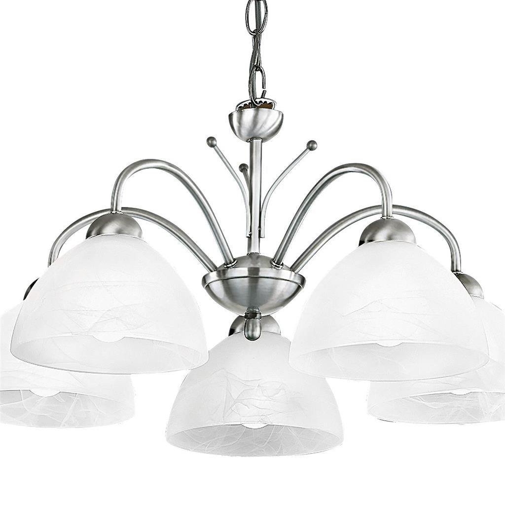 Milanese 5Lt Pendant - Satin Silver Metal & Alabaster Glass - Comet Lighting