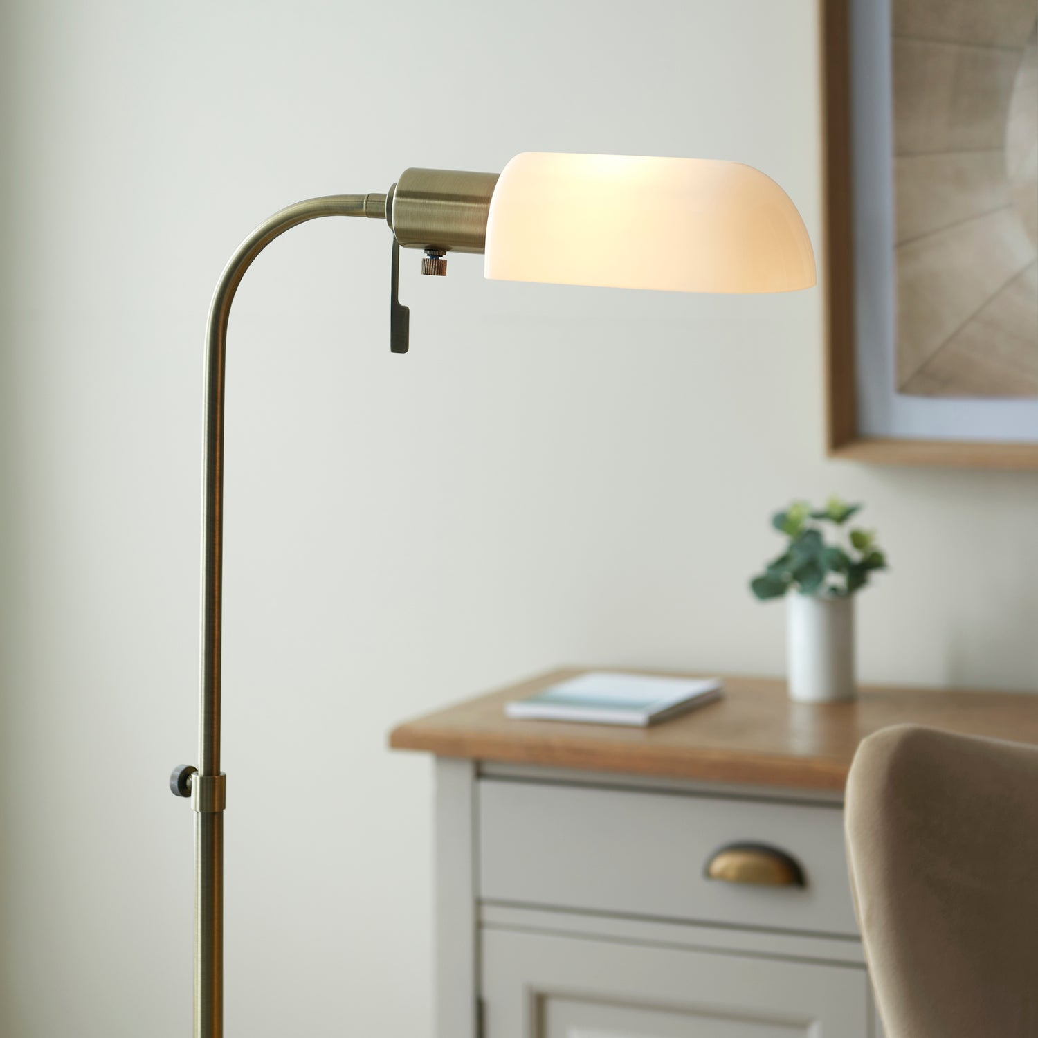 Pharmacy Reader Floor Light - Gloss opal glass - Antique brass finish - Comet Lighting