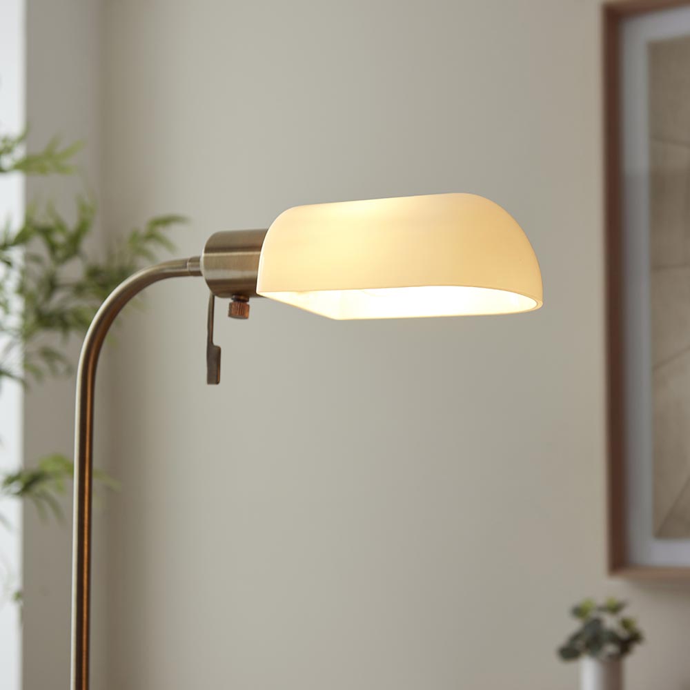 Pharmacy Reader Floor Light - Gloss opal glass - Antique brass finish - Comet Lighting