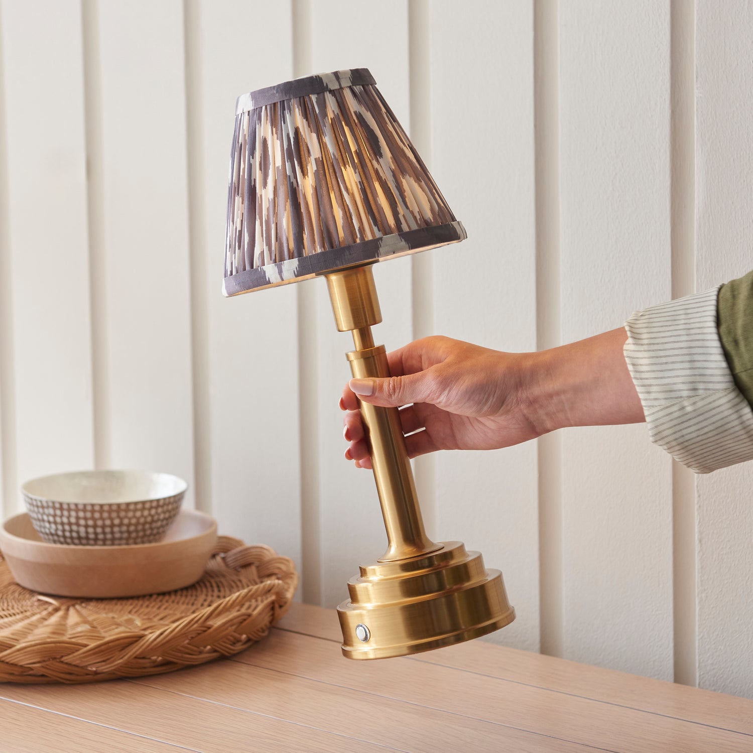 Upton Rechargeable & Ikat 16cm Pearl grey shade - Comet Lighting