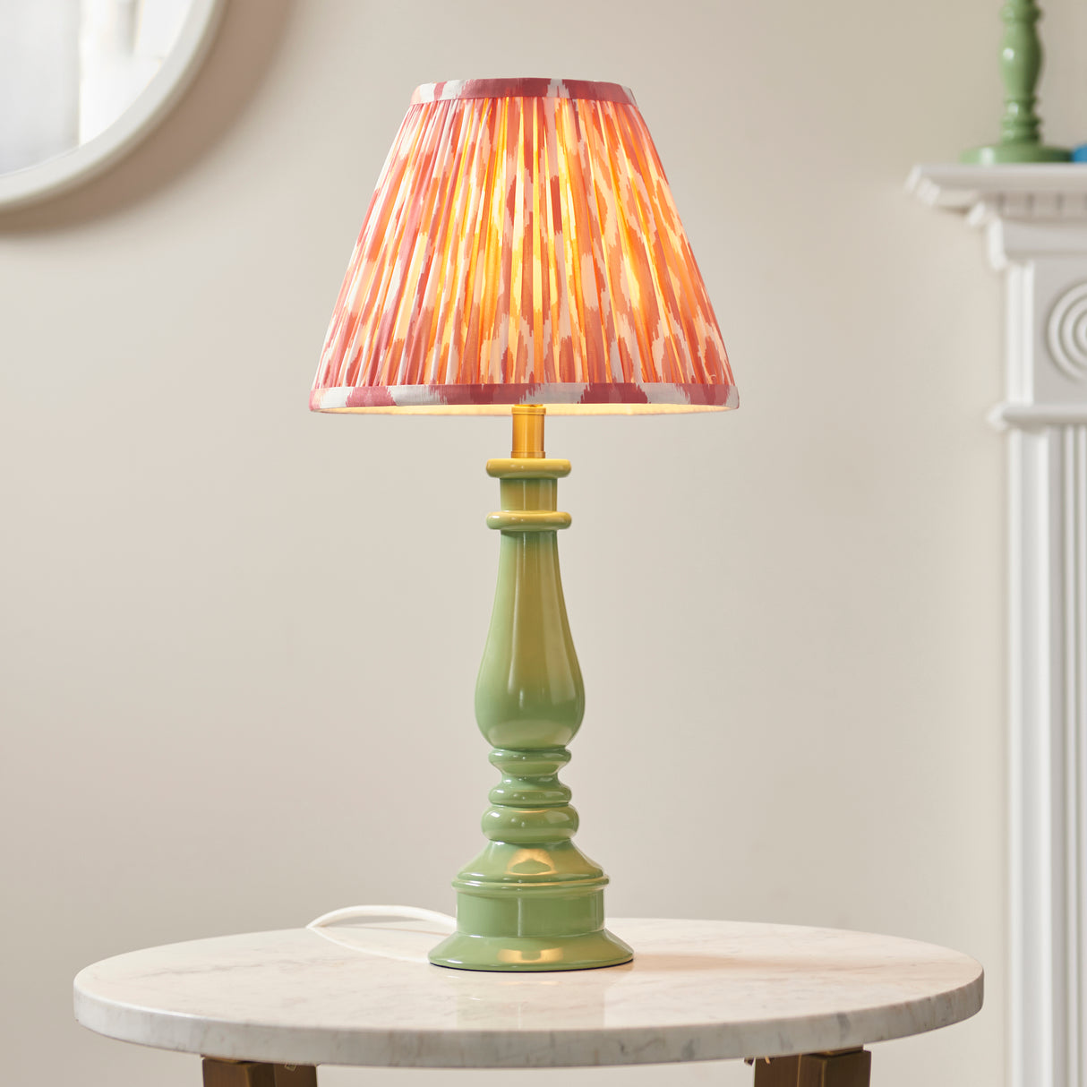 Gloss Green Myrtle & Ikat 25cm Coral pink shade - Comet Lighting
