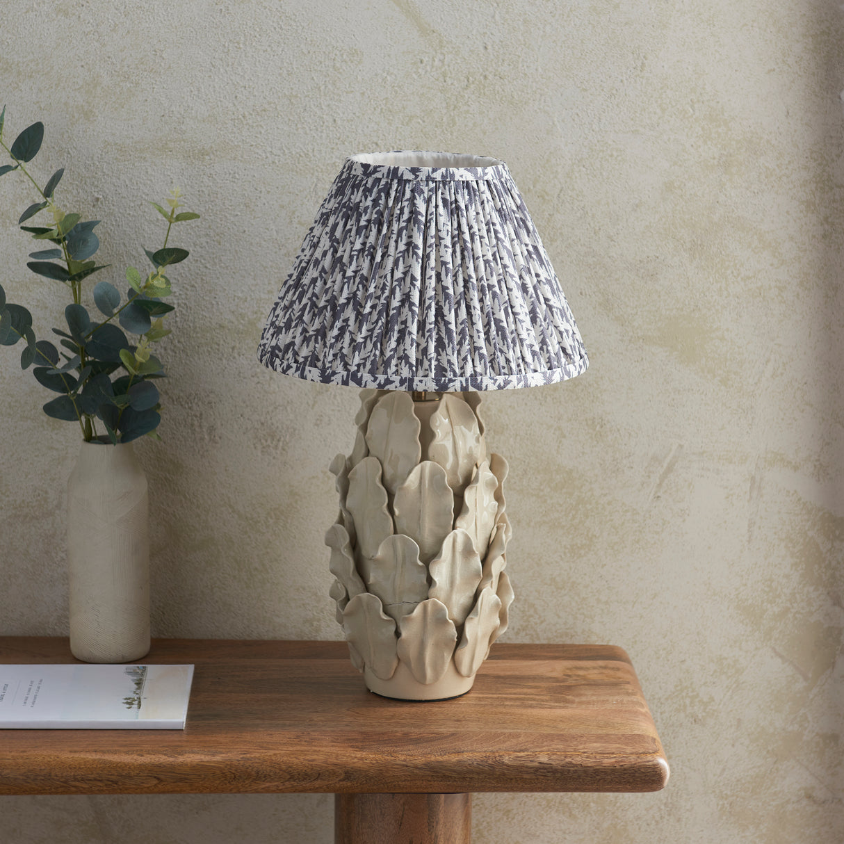 Ceramic Table Light Layered Leaf & Leaf 30cm Pearl grey shade - Comet Lighting