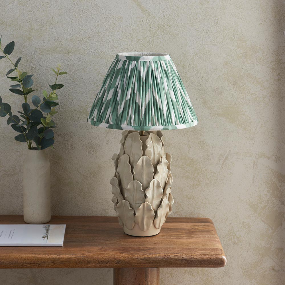 Ceramic Table Light Layered Leaf & Zigzag 30cm Cotswold green shade - Comet Lighting