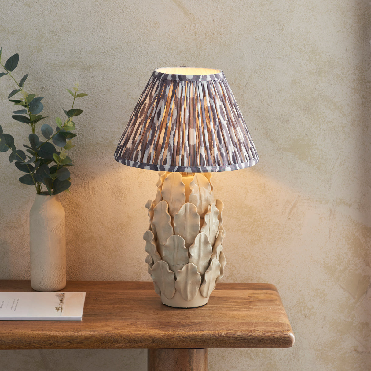 Ceramic Table Light Layered Leaf & Ikat 30cm Pearl grey shade - Comet Lighting
