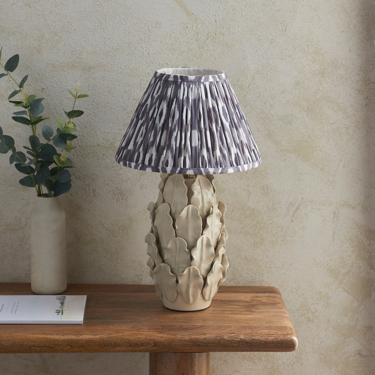 Ceramic Table Light Layered Leaf & Ikat 30cm Pearl grey shade - Comet Lighting