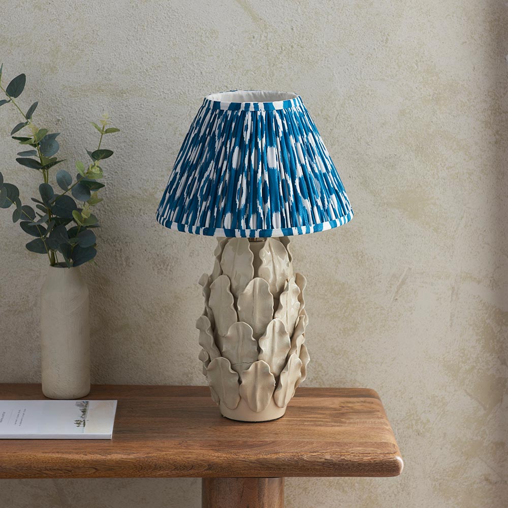 Ceramic Table Light Layered Leaf & Ikat 30cm Marlin blue shade - Comet Lighting
