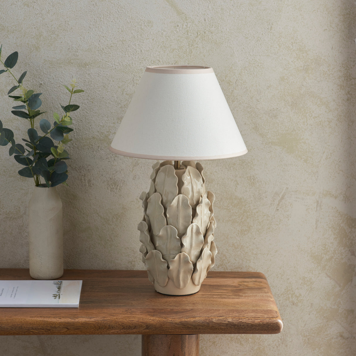 Ceramic Table Light Layered Leaf & Ivy 30cm Vintage white shade - Comet Lighting