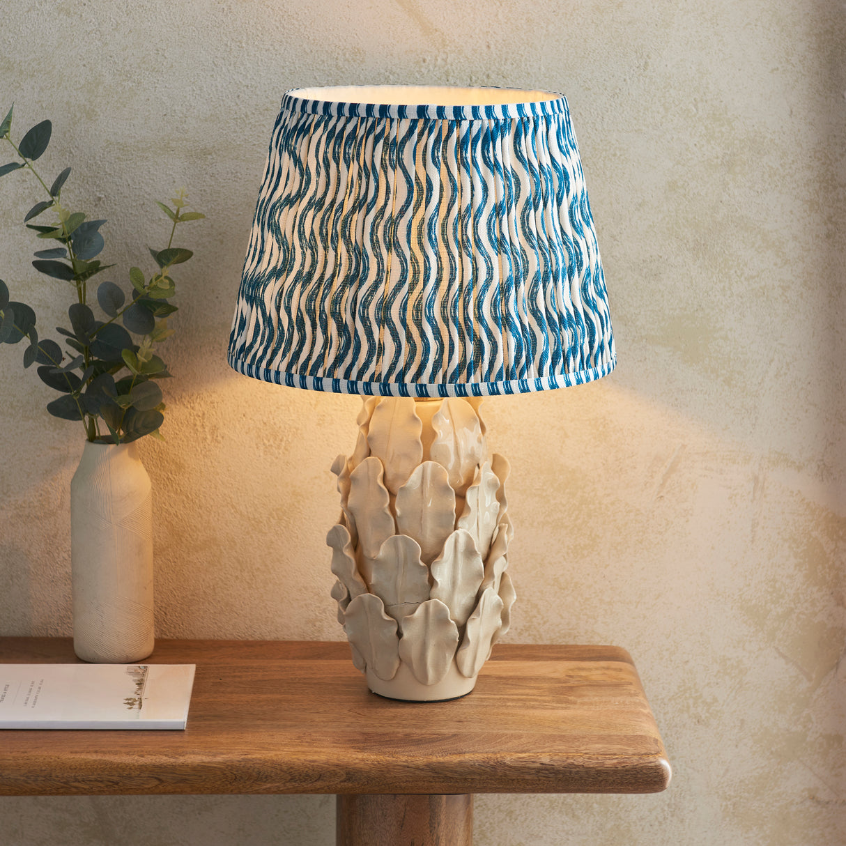 Ceramic Table Light Layered Leaf & Ripple 35cm Marlin blue shade - Comet Lighting