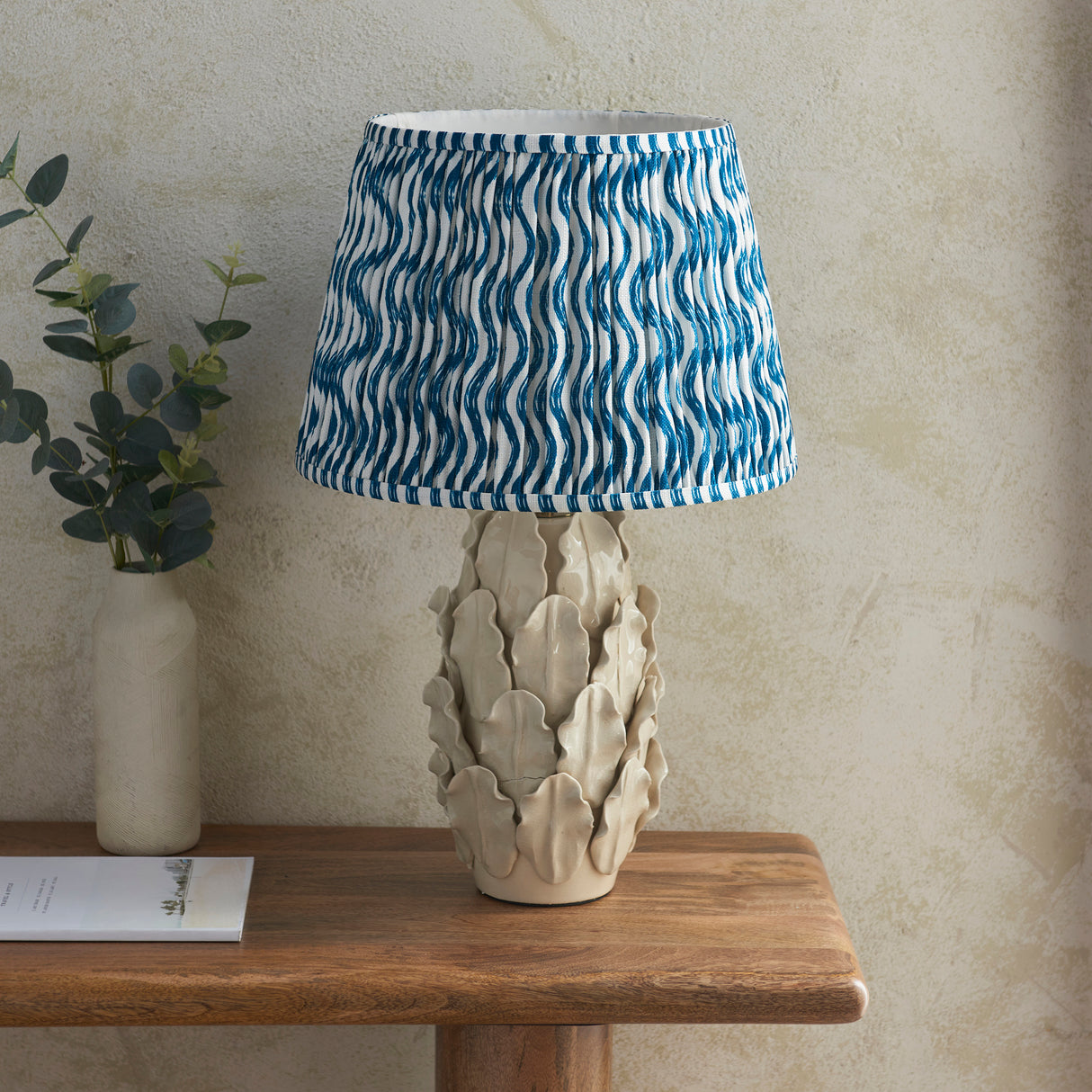 Ceramic Table Light Layered Leaf & Ripple 35cm Marlin blue shade - Comet Lighting