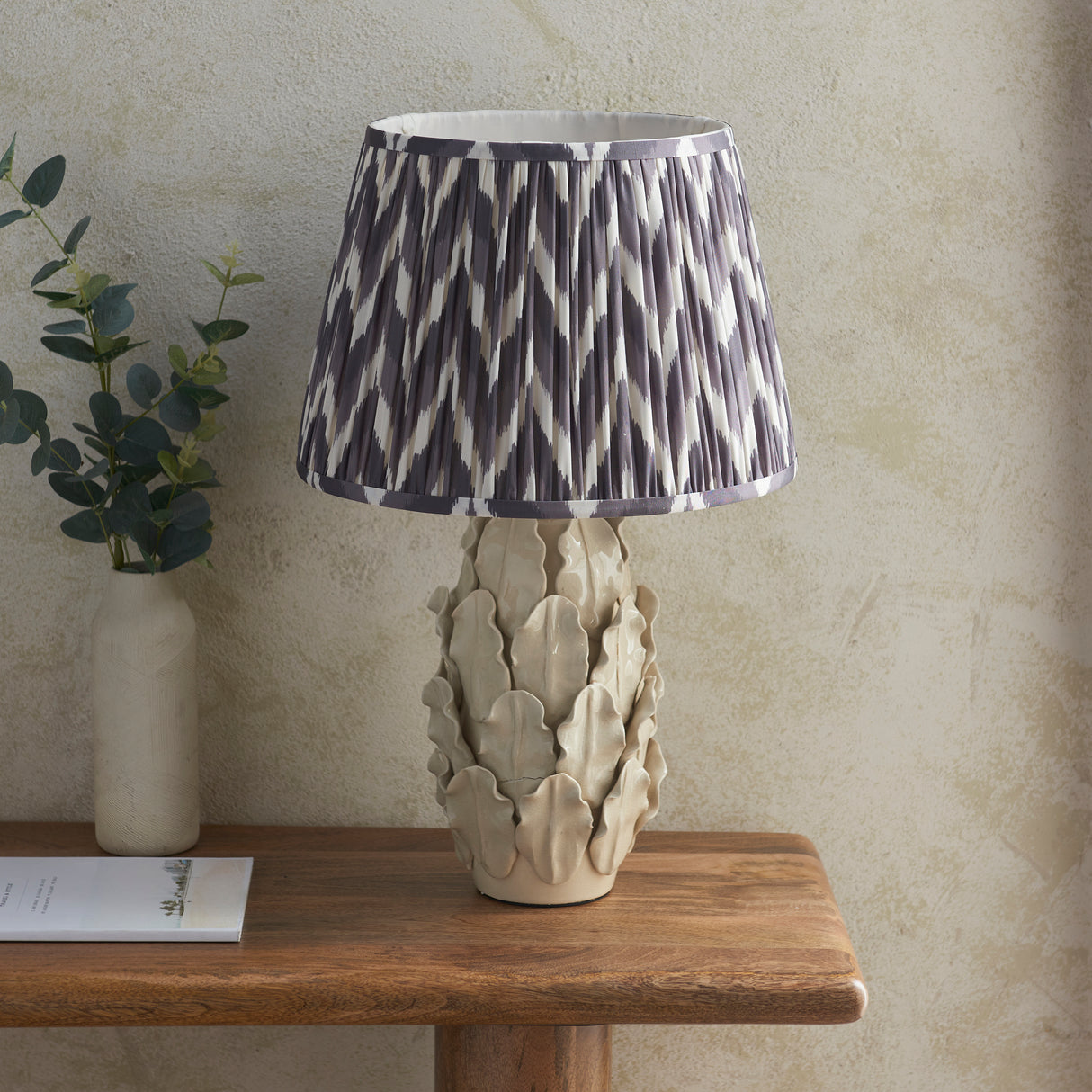 Ceramic Table Light Layered Leaf & Zigzag 35cm Pearl grey shade - Comet Lighting