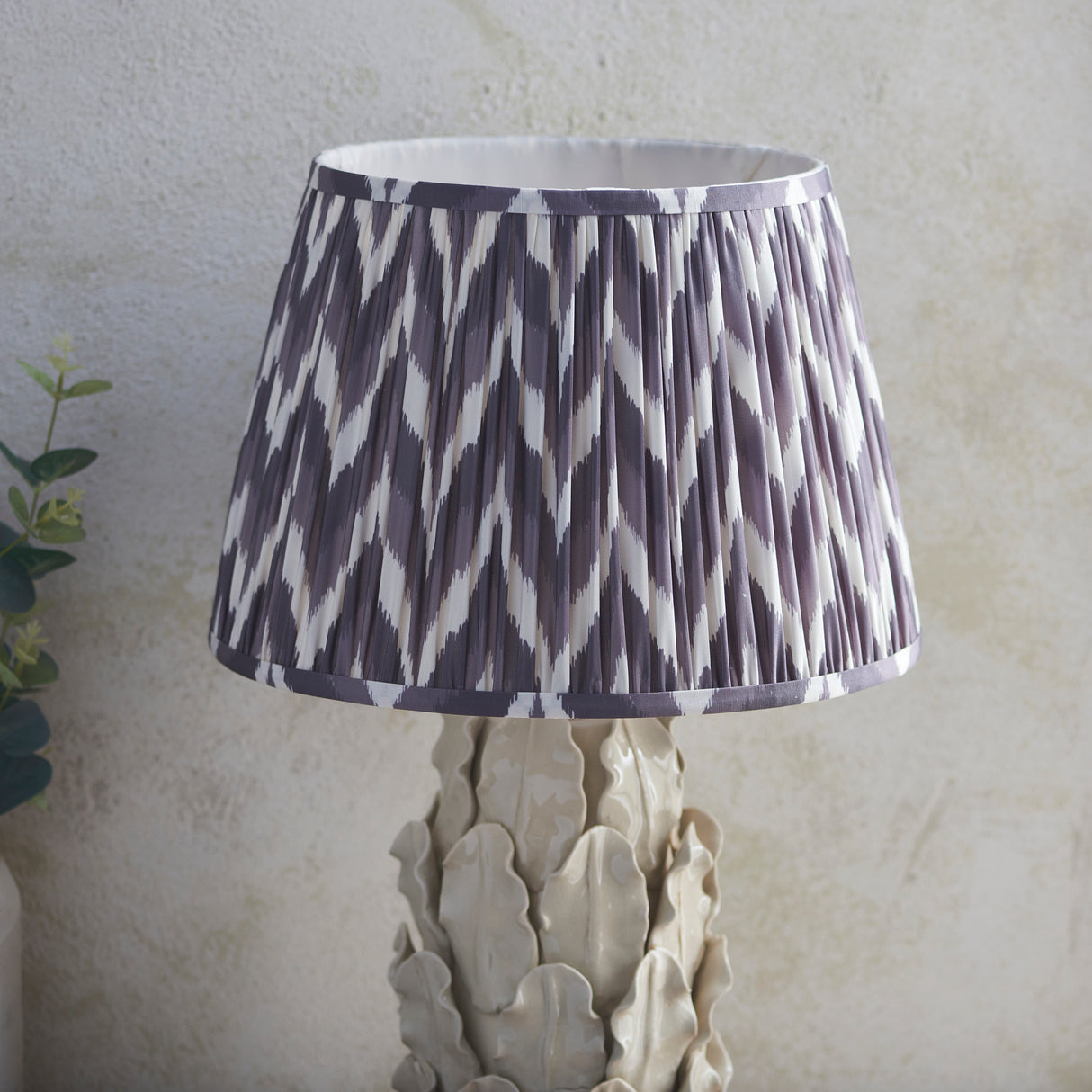 Ceramic Table Light Layered Leaf & Zigzag 35cm Pearl grey shade - Comet Lighting