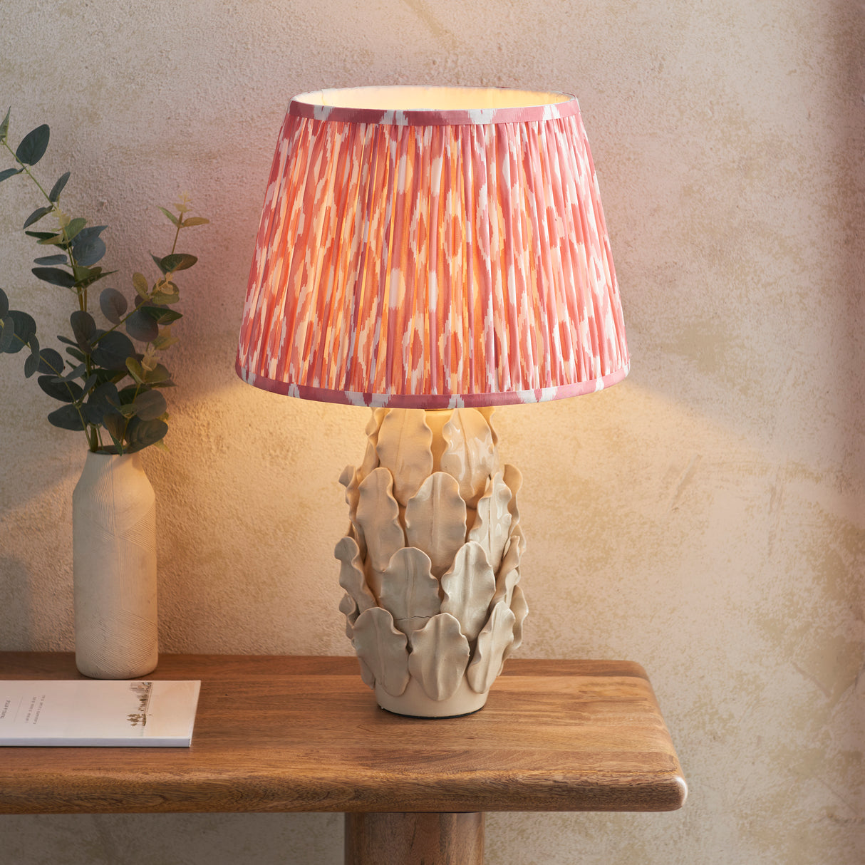 Ceramic Table Light Layered Leaf & Ikat 35cm Coral pink shade - Comet Lighting