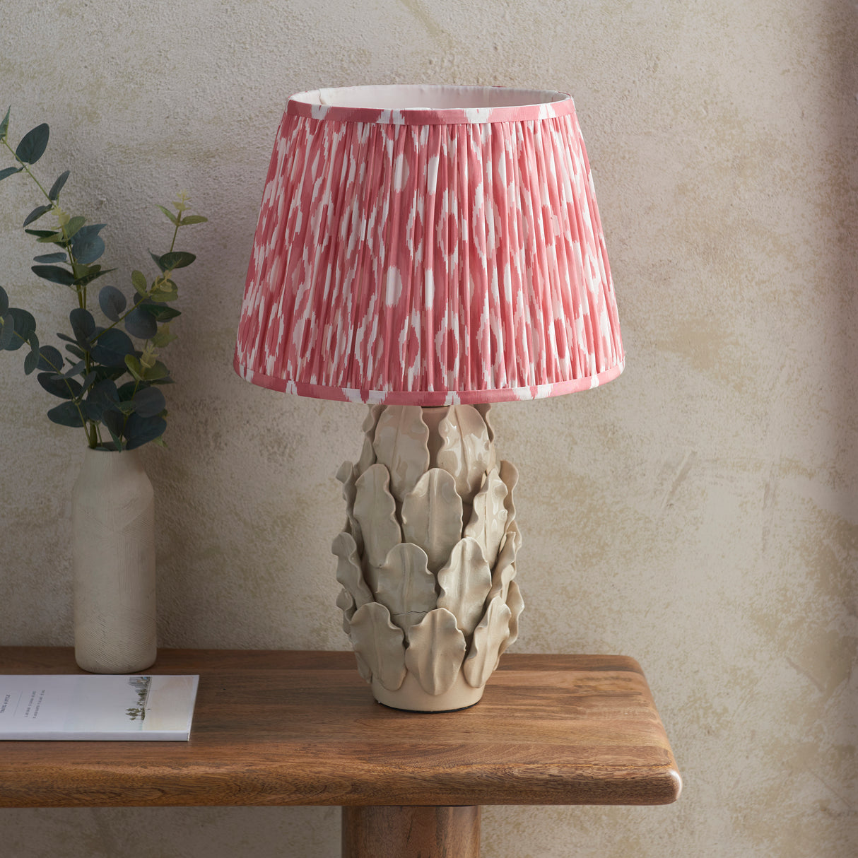 Ceramic Table Light Layered Leaf & Ikat 35cm Coral pink shade - Comet Lighting