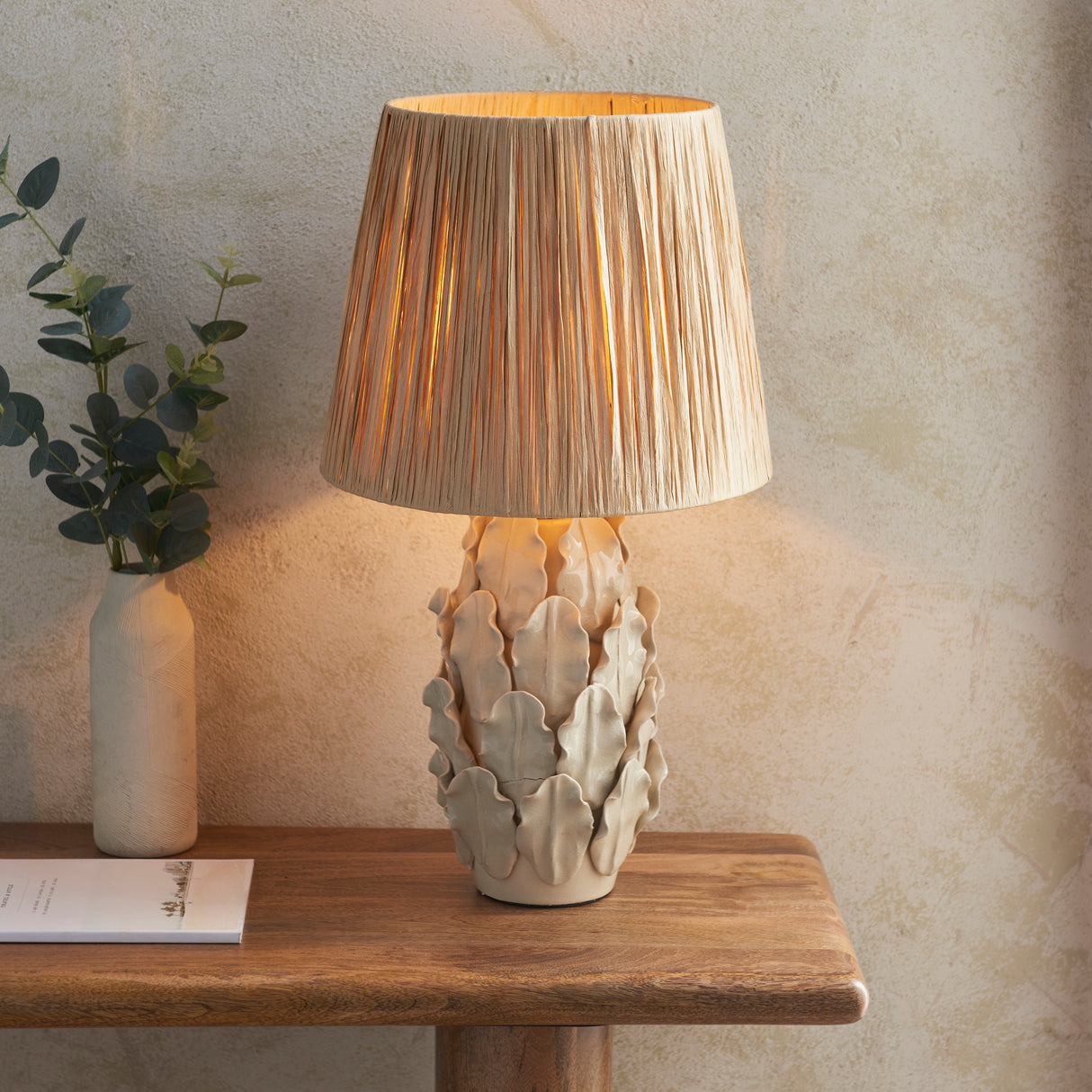 Ceramic Table Light Layered Leaf & Raffia 32cm Natural Raffia Shade - Comet Lighting