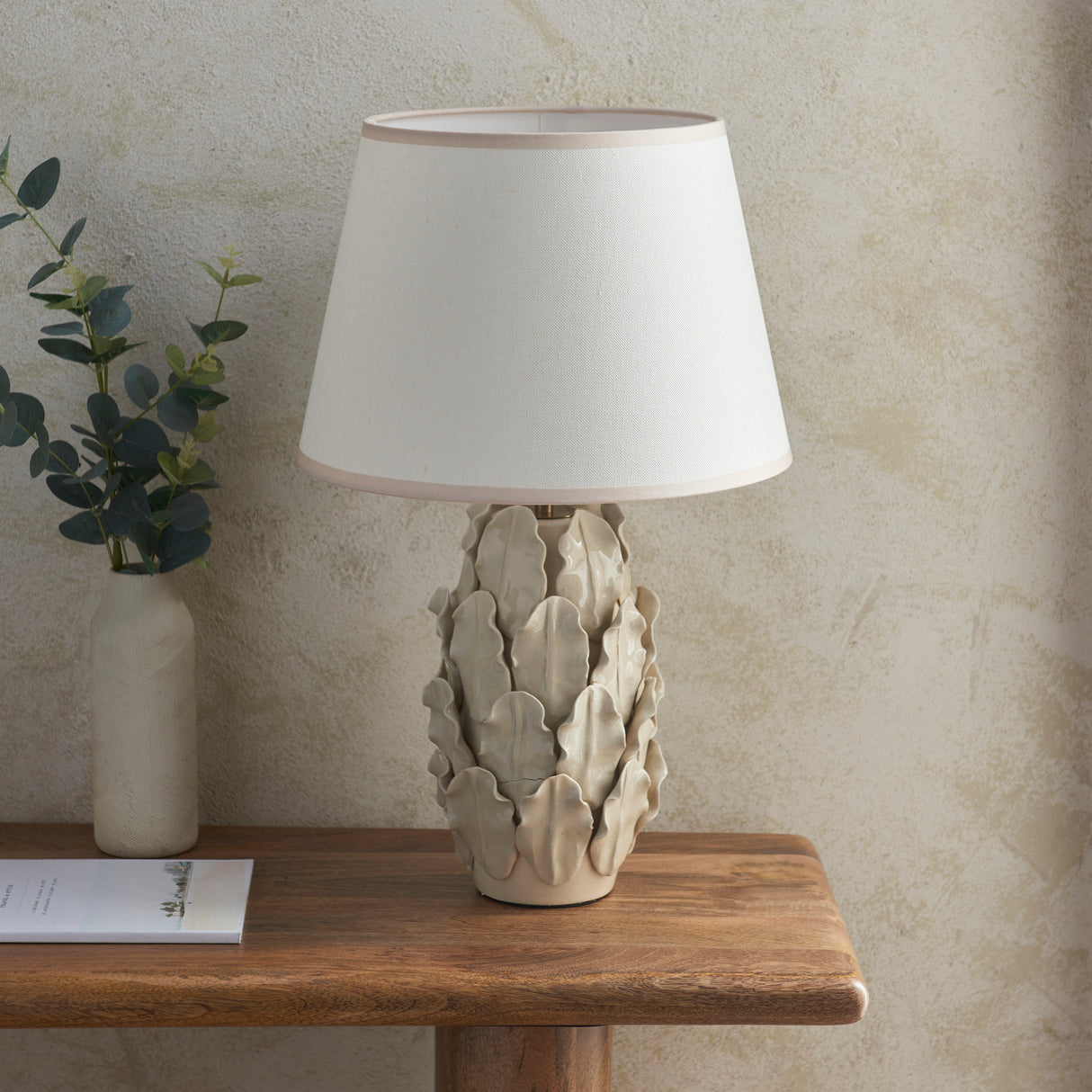 Ceramic Table Light Layered Leaf & Ivy 35cm Vintage white shade - Comet Lighting