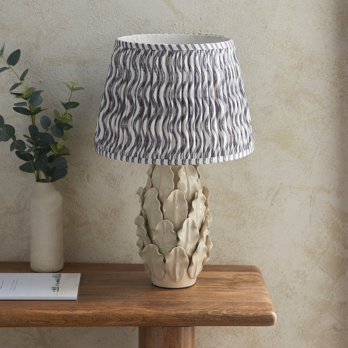 Ceramic Table Light Layered Leaf & Ripple 35cm Pearl grey shade - Comet Lighting