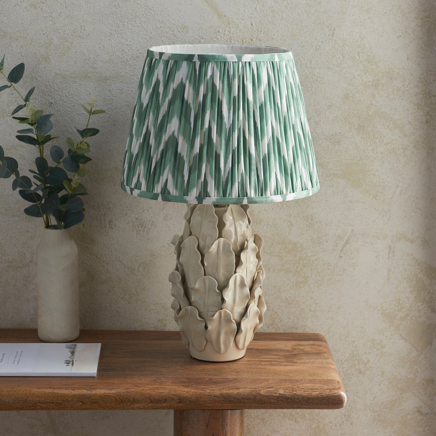 Ceramic Table Light Layered Leaf & Zigzag 35cm Cotswold green shade - Comet Lighting