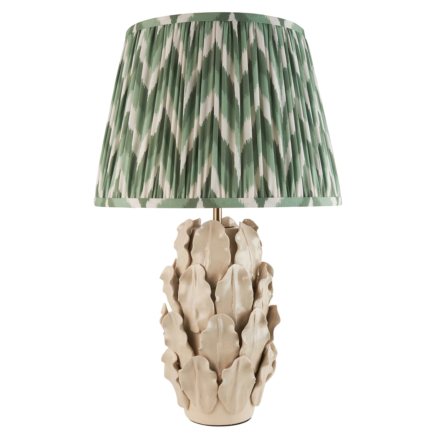 Ceramic Table Light Layered Leaf & Zigzag 35cm Cotswold green shade - Comet Lighting