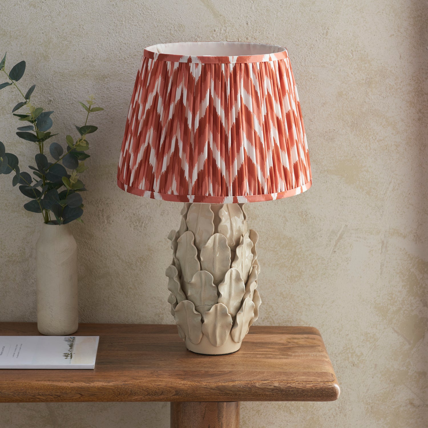 Ceramic Table Light Layered Leaf & Zigzag 35cm Apricot orange shade - Comet Lighting