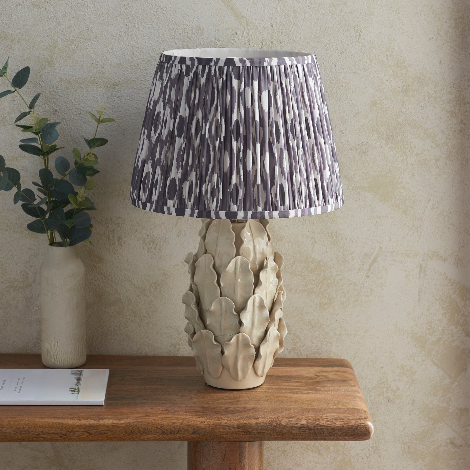 Ceramic Table Light Layered Leaf & Ikat 35cm Pearl grey shade - Comet Lighting