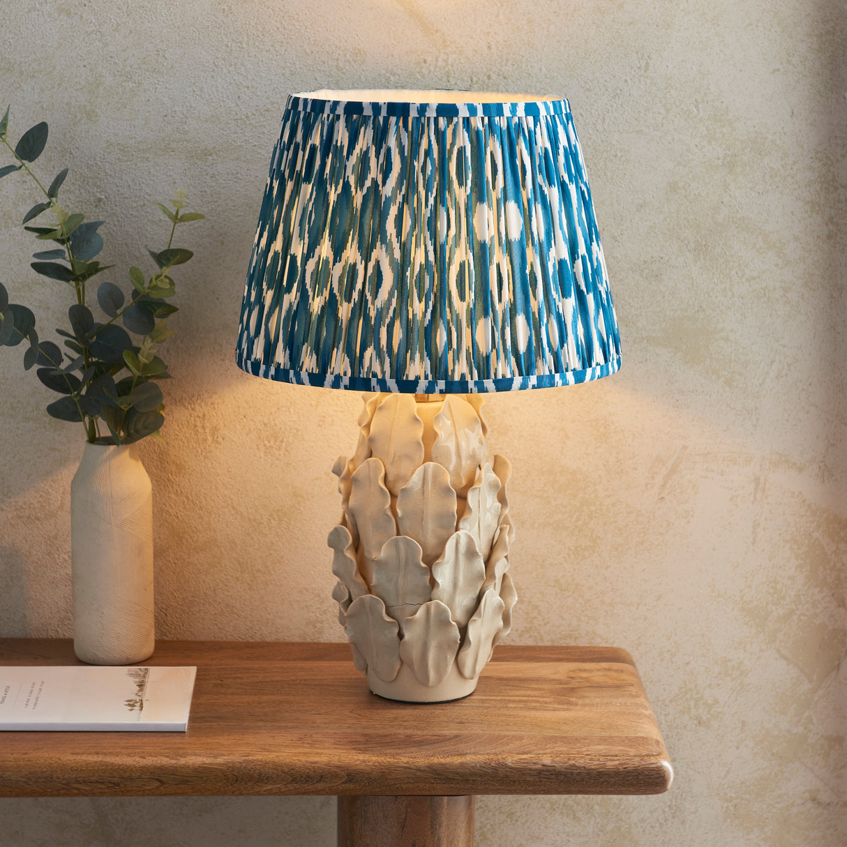 Ceramic Table Light Layered Leaf & Ikat 35cm Marlin blue shade - Comet Lighting
