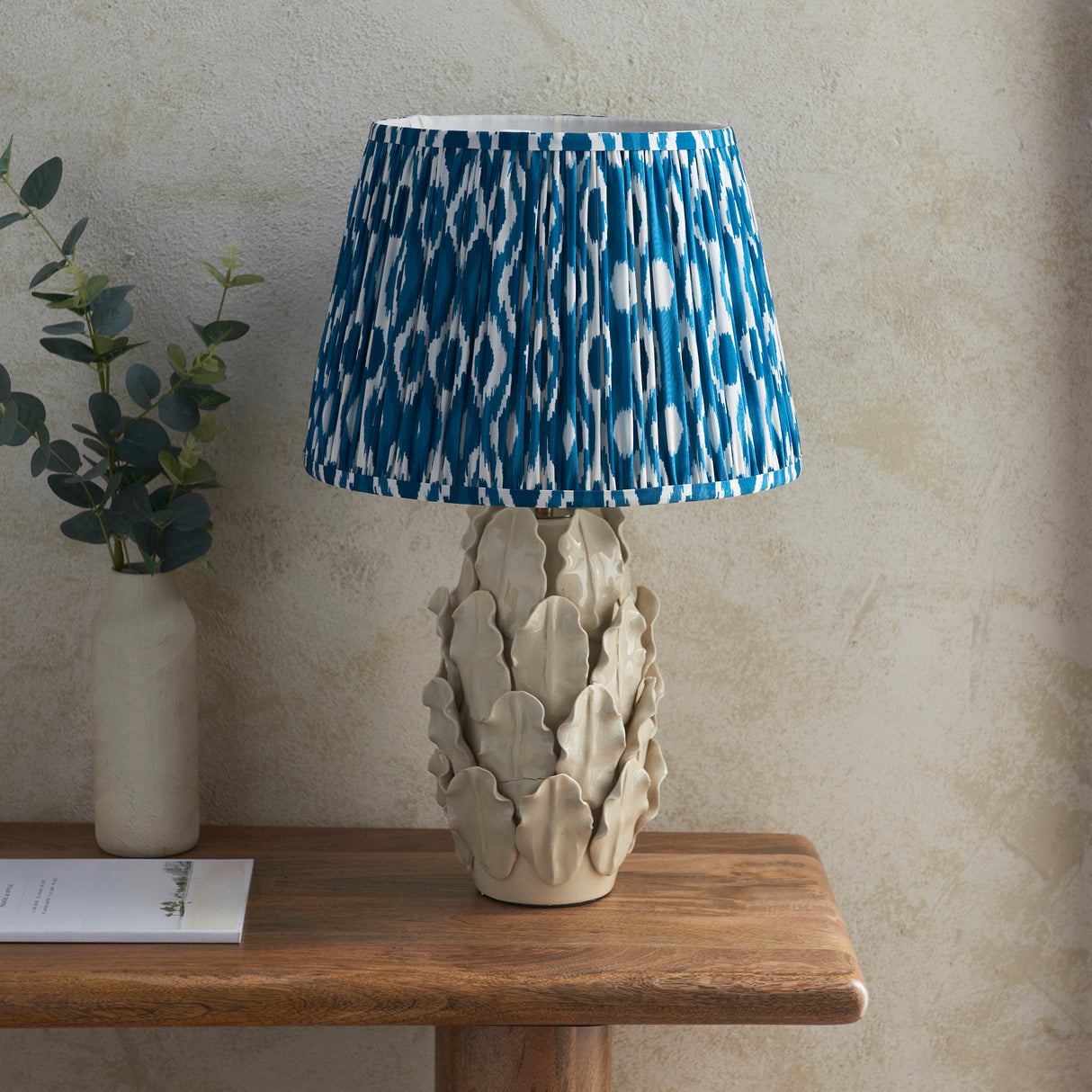 Ceramic Table Light Layered Leaf & Ikat 35cm Marlin blue shade - Comet Lighting