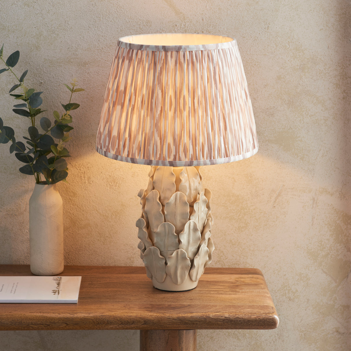 Ceramic Table Light Layered Leaf & Ikat 35cm Neutral shade - Comet Lighting