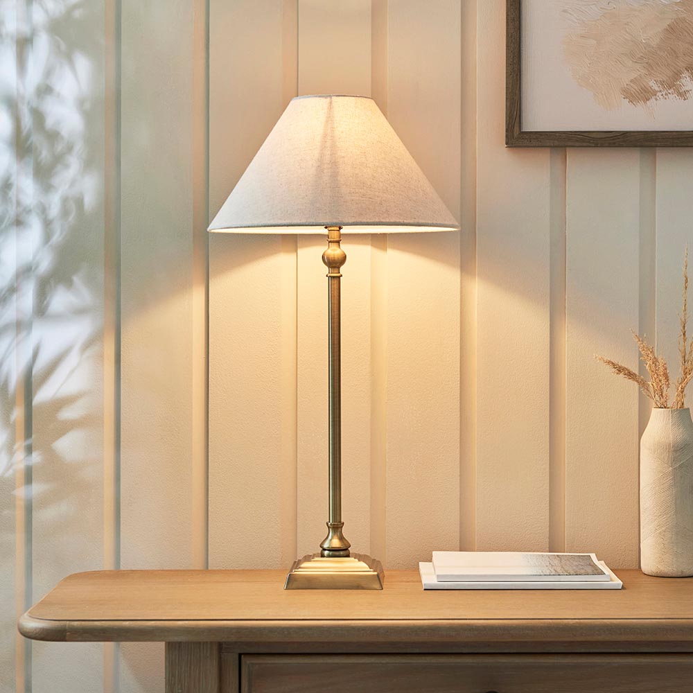 Lille Table 31cm Shade Antique brass plate & natural faux linen