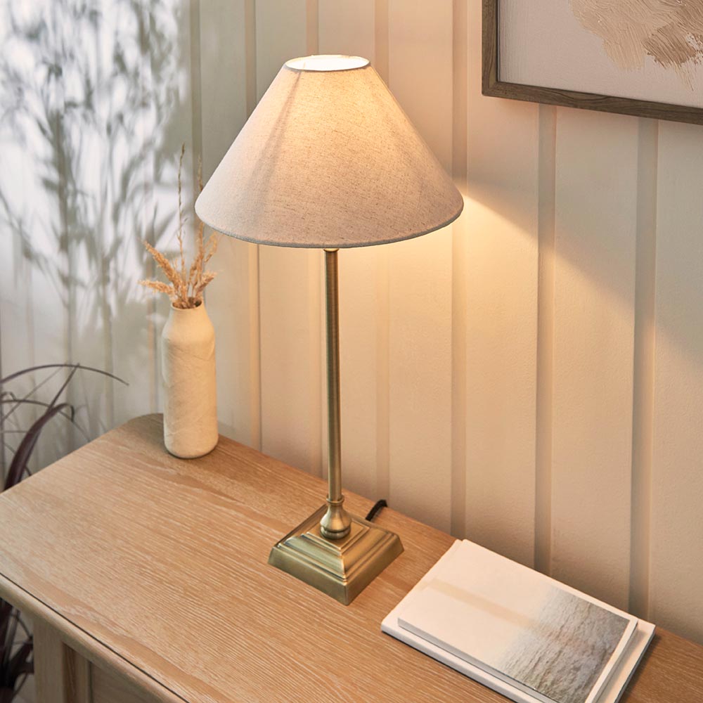 Lille Table 31cm Shade Antique brass plate & natural faux linen