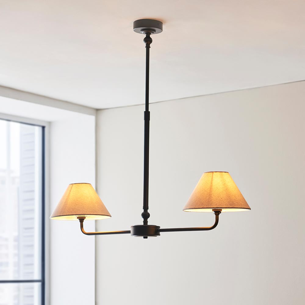 Lille 2lt Linear Pendant Matt black & natural faux linen