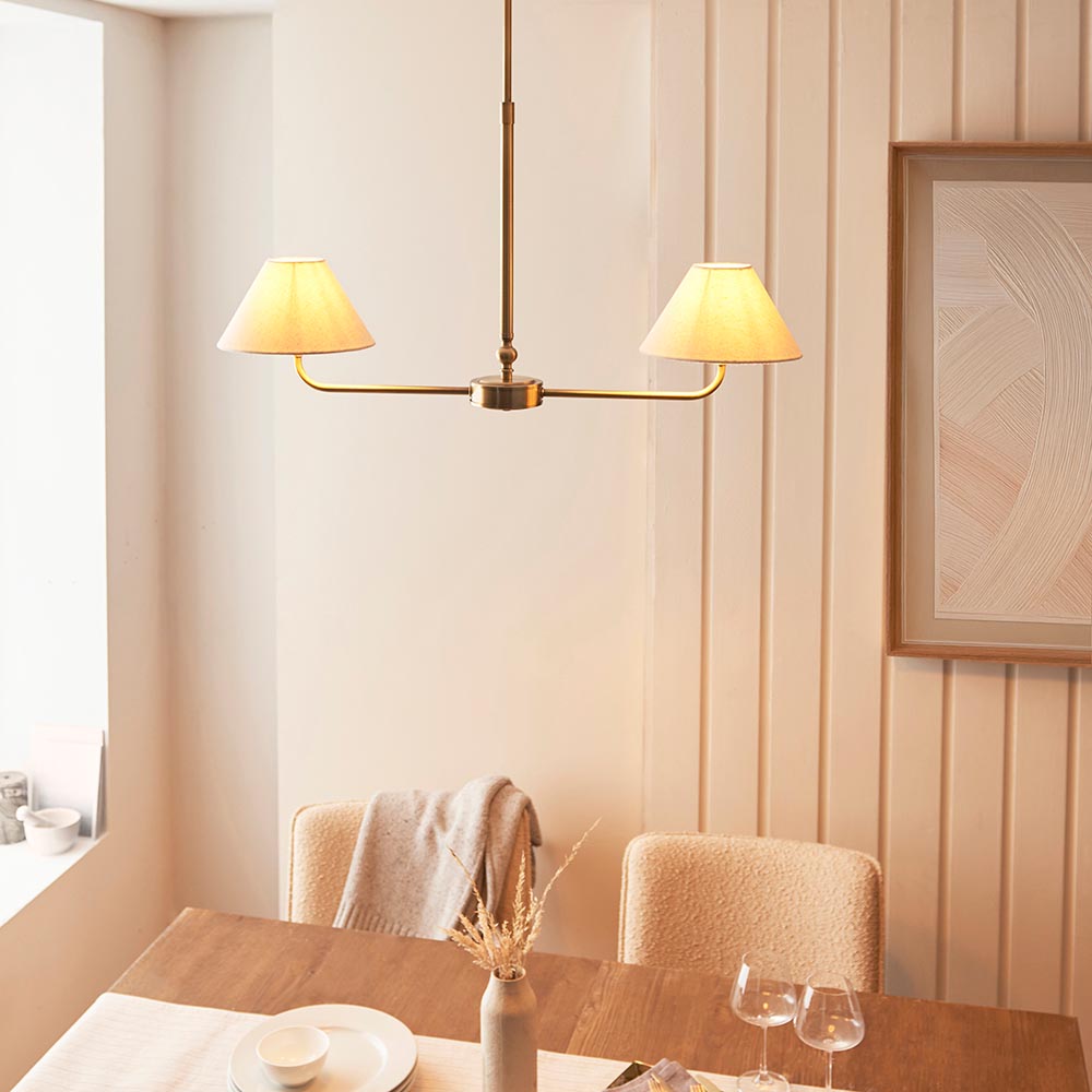 Lille 2lt Linear Pendant Antique brass plate & natural faux linen